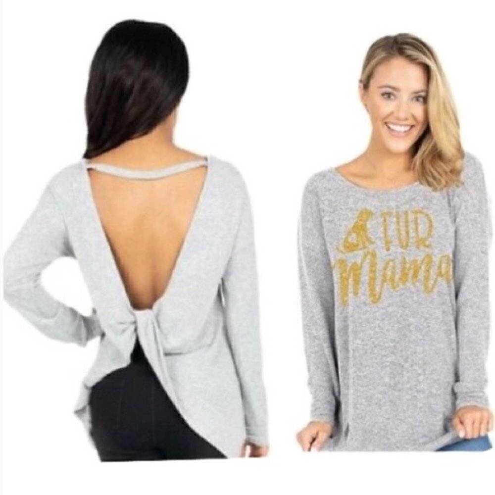 Simply Southern Women's Size Medium Fur Mama Open Back Top Grey Gold Metallic